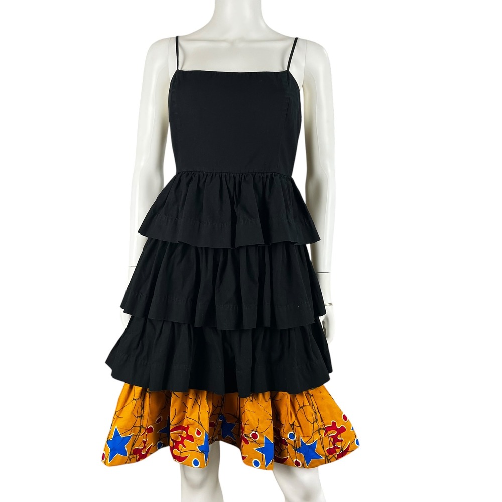 Forever 21 Dress Womens Medium Black Yellow Spaghetti Strap Tiered Layer Pleated